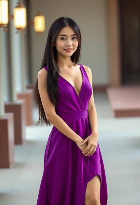 A 19-year-old Taiwanese woman with long straight black hair, wearing a purple deep V-neck sleeveless dress and purple high-heeled open-toed sandals.
FHD, Rich in details, masterpiece.