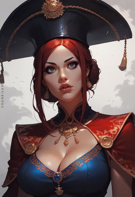 score_9, score_8_up, score_7_up, score_6_up, rating_questionable, 1girl, ((18YO:1.2)), Adult, full lips, big clear eyes, red long center parted hair, sexy, expressiveh, vintage fashion hat, sorceress, long sexy tunic, recession, noir, heroic pose