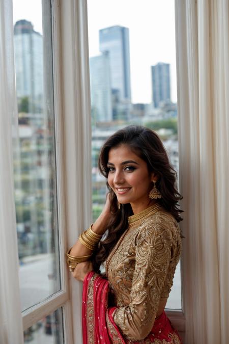 wide angle photo, ovfi, view through window,( view of residential neighbourhood through window:1.3), (london:1.1), iconic london skyline, {front|side|back} view, candid amateur, beautiful sexy sensual playful petite small person pakistani woman wearing ornate detailed embroidered {kameez|lehnga|saree}, bay windows,  large windows, <lora:buildings view from indoors_epoch_9:0.5>, <lora:add_detail:0.5>, knowing smile, masterpiece, best quality, absurdres, highres, 4k, intricate details, highly detailed, <lora:real_skin:0.7> skin, blushing, shy, <lora:retromanba:0.5> Yamanba (dark skin), (focus on background:1.2), RAW photo, 8k uhd, dslr, soft lighting, high quality, film grain, Fujifilm XT3, lr
