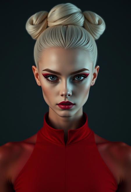 symmetrical front view, medium shot, dark photo, a evocative medium shot of a beautiful albino woman, beautiful makeup, ballet dancer bun hairstyle, futuristic red clothes