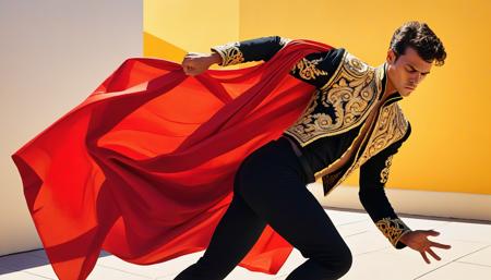 dramatic matador in ornate gold-embroidered jacket, tight black pants, looking down to his left with intense concentration, holding a red cloth swirling dramatically, graceful dancer-like pose, one arm extended holding cloth, body twisted in elegant motion, traditional Spanish bullfighter outfit,, vibrant acrylic painting style, bold flat colors, clean geometric compositions, bright California sunlight, crisp shadows,  saturated color palette, smooth gradients, minimal detail work, contemporary pop art influence, architectural precision, optimistic 1960s atmosphere,