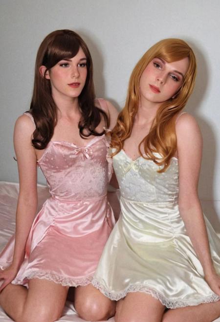 two shy skinny crossdressers, light freckles, slight smile, (lesbian kissing:2), touching
high contrast flash photography, night time, lying next to each other in bed, cheap motel, body hair
(light makeup:1.2)
loose (satin:2) lace sissy dresses, petticoat, ribbons