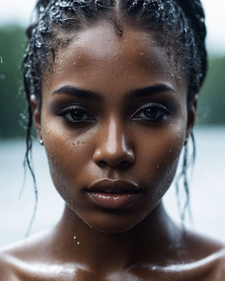 fashion editorial, a portrait of a young beautiful black woman in water drops, wet hair and skeen, mystical gaze, highres, realistic photo, professional photography, cinematic angle, dynamic light back shining,