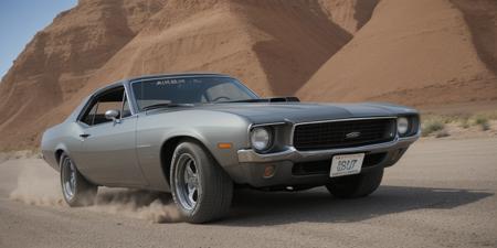 Create an ultra-detailed and realistic image of a custom car, created with parts from many muscle cars, with aerodynamic lines from 1972, but armored with bulletproof plates, with two heavy artillery machine guns on the roof. The car is metal color, with black tinted windows. It is captured in motion with motion blur at full speed through a desert, daylight. The photograph is captured with an Arri Alexa camera, with a zoom lens.