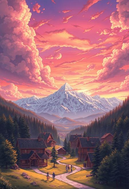 A stunning anime-style landscape unfolds, featuring a picturesque village nestled in a tranquil valley under a breathtaking sunset sky. The sky is a vibrant tapestry of pink, orange, and deep purple, with fluffy, whimsical clouds illuminated by the radiant hues, creating an ethereal glow. 
Majestic mountains rise dramatically in the distance, their snow-capped peaks shimmering like precious gems in the fading light, casting a magnificent silhouette against the colorful sky. The village, adorned with quaint wooden log houses, is surrounded by lush green trees and a mystical forest that whispers the secrets of nature.
Winding paths meander between the homes, inviting friendly villagers engaged in joyful activities, while the enchanting landscape radiates warmth and nostalgia. Capture this idyllic scene from a distance, emphasizing the awe-inspiring beauty and serene charm of this magical setting.