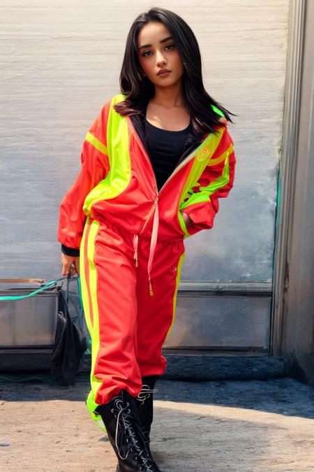 themermaidscales woman standing in a neon tracksuit with high black combat boots, highly detailed face, masterpiece, best quality  <lora:themermaidscales:1>  <lora:add_detail:1>