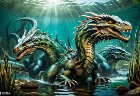 eerie swamp, hydra, three headed dragon, long necks, (one body), wet, half submerged, glistening scales, (absurd res:1.2), (photorealistic:1.2), BREAK, (8k:1.0), (hi res:1.0), (masterpiece:1.0), (best quality:1.0), (realistic:1.2), (ph0t0x2:1.0), (vibrant colors:1.0)