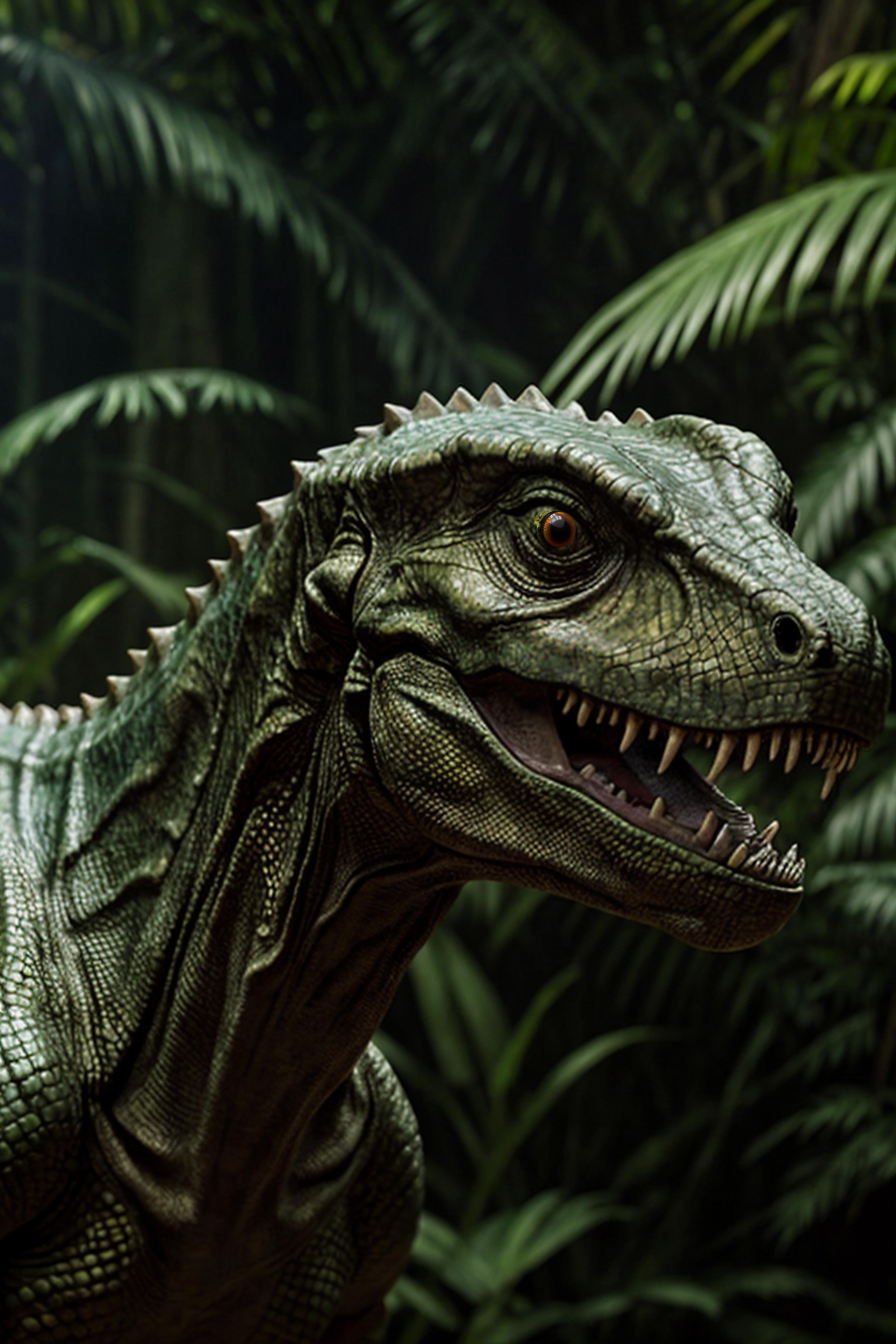 A close-up of a green dinosaur with a long snout and sharp teeth.