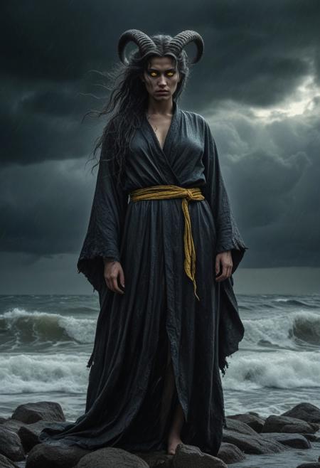 Dark, ominous female figure, young adult, with serpent-like hair and horns, draped in a dark, flowing, tattered robe.  Intense, serious expression, conveying power and ancient mystery.  Detailed, realistic facial features, with piercing yellow eyes reflecting inner darkness.  Severe, dramatic lighting, emphasizing the figure’s posture and the ominous atmosphere.  Dramatic, stormy sky backdrop, with dark clouds and a tumultuous ocean reflecting the figure's mood.  Rough, rocky shoreline, with the ocean's waves crashing against the shore.  The figure's flowing robes and the texture of the fabric are vividly detailed, conveying a sense of dampness and heaviness.  Epic, mythological style, evoking a sense of primordial power.  Dramatic, atmospheric portrayal, with attention to lighting and shadowing.  Full-body shot, close to the viewer, showcasing the figure's pose and the environment's impact.