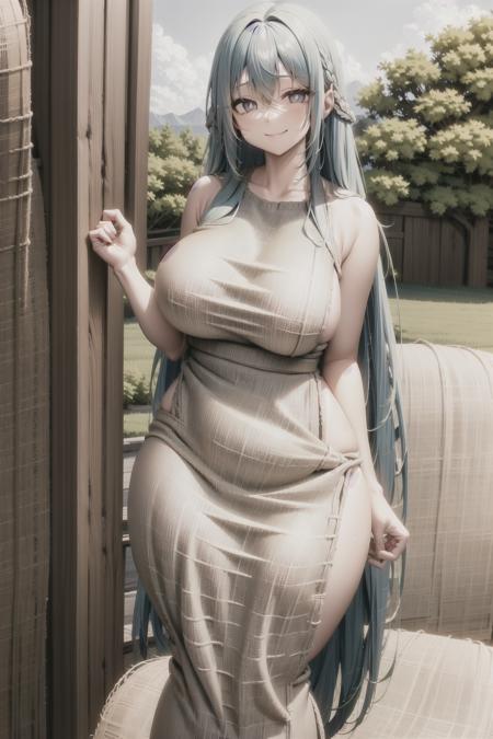 long hair, large breasts, wide hips, (white pupils), (blue hair), smile, (burlap dress), <lora:Burlap V2:0.6>