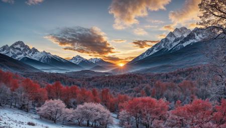((masterpiece:1.4,best quality)), cloud,  outdoors
(mountains), spring glade, scenery, sky, winter,
(early morning:1.4),morning red, high detail, abundant, 8k, high detail, wallpaper,