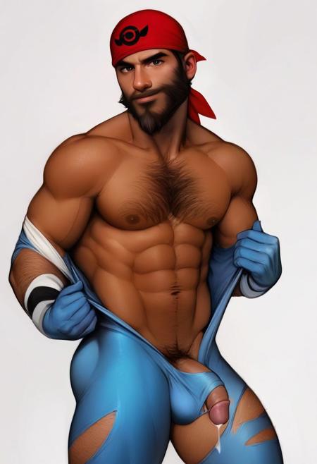 score_9, score_8_up, score_7_up, score_6_up, score_5_up, score_4_up, archie \(pokemon\), pokemon, pokemon oras, 1boy, abs, bandana, bara, bare pectorals, beard, black hair, blue bodysuit, bodysuit, bulge, chest hair, cowboy shot, cum, cum in clothes, cum through clothes, dark-skinned male, dark skin, erection, erection under clothes, facial hair, hairy, large pectorals, male focus, male pubic hair, mature male, muscular, muscular male, navel, navel hair, nipples, open bodysuit, open clothes, pectorals, penis, penis peek, pubic hair, realistic, short hair, simple background, skin tight, solo, thick thighs, thighs, torn bodysuit, torn clothes, undressing, white background <lora:rnarccus-Pony-XL-v6:1>