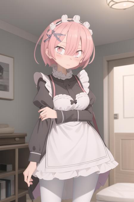 <lora:SketchyMaa:1> SketchyMaa, 1girl, solo, masterpiece; looking at viewer, blushing, embarrassed; <lora:Ram_ReZero_v1_2:1> ram_rezero, maid outfit, white pantyhose, pink hair