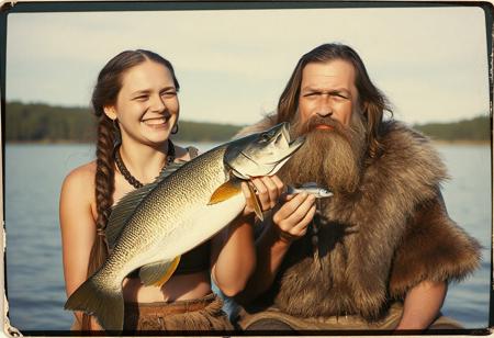 Vintage Polaroid, best quality, 20yo paleolithic woman with braided hair, she’s holding a large walleye vertically, laugh on face, with a 45yo, (Paleolithic man, crying expression,long hair, short beard), (holding  a tiny minnow vertically), on lakeshore, clothed in deerskin tunic that cover shoulders, realistic skin textures