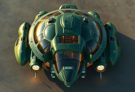 1 vehicle, 
very large hover RV shaped like a turtle
doors and garage entrance with a large cockpit at the front. 
hover jets at each corner of the RV.
Green and gold in color.
View from above. 
8k,