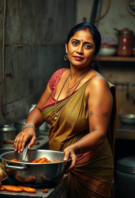 Voluptuous Indian woman cooking in Indian kitchen, dirty indian kitchen background, large saggy breasts, open blouse of the saree
<lora:sd_xl_turbo_lora_v1:0.3>