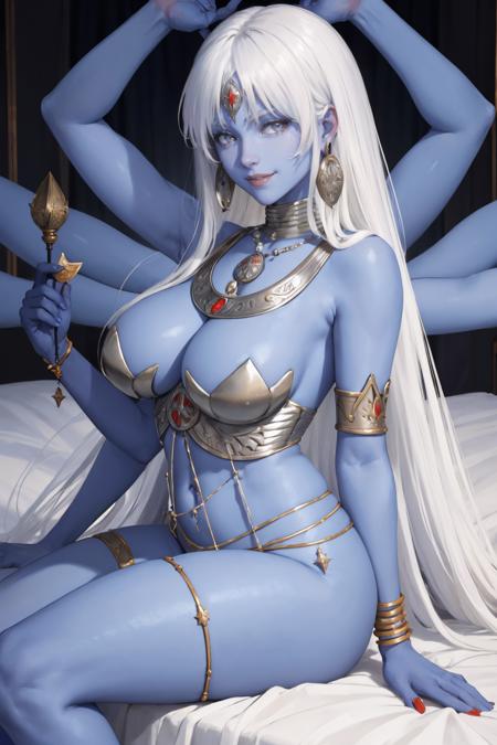 masterpiece, best quality, <lora:fatekali-nvwls-v1-000009:0.9> fateKali, white hair, blue skin, extra arms, bikini armor, necklace, armlet, earrings, large breasts, leaning forward, smile, sitting, bedroom <lora:ExtraArms:0.5> ExtraArms, extra arms