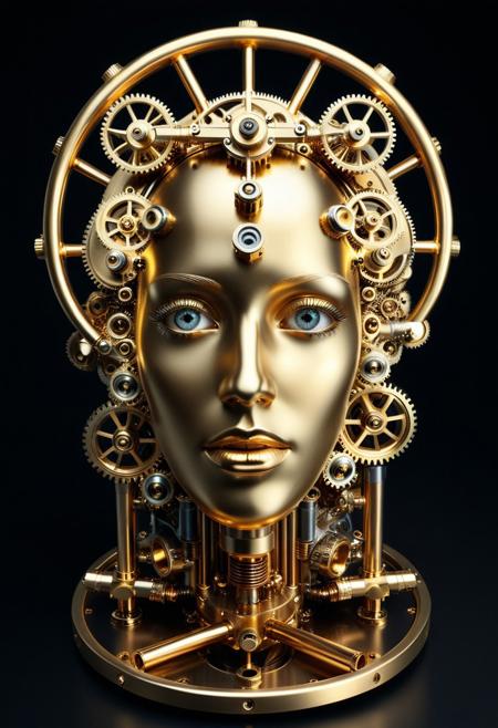 A portrait of a face, rendered as if it were a complex, self-assembling sculpture of polished golden pipes and gleaming steel gears.
The eyes are glowing orbs of light, and the "skin" is a seamless integration of metallic components.
Against a dark, velvety background, intricate shadows play across the metallic surfaces.
Abstract, minimalist, high key lighting, conceptual art, detailed, surrealist, lazypos, qu4ntum.