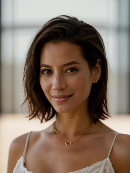 Realistic photo of a beautiful chr1styt woman,1girl,solo,looking at viewer,smile,short hair,simple background,black hair,collarbone,upper body,lips,realistic,soft lighting, professional Photography, Photorealistic, detailed, RAW, analog, sharp focus, 8k, HD, high quality, masterpiece<lora:chr1styt:1.0>