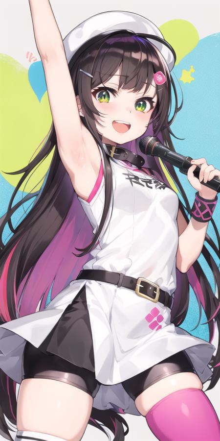 1girl, :d, arm up, bangs, belt, belt buckle, bike shorts, black shorts, blush, brown hair, buckle, clothes writing, collar, dress, eyebrows visible through hair, glowstick, green eyes, hair ornament, hairclip, holding, holding microphone, long hair, looking at viewer, microphone, multicolored, multicolored eyes, multicolored hair, music, open mouth, outstretched arm, pink eyes, pink hair, pink legwear, pink ribbon, ribbon, round teeth, sacra-chan, sacra music, short sleeves, shorts, singing, single thighhigh, smile, solo, spread fingers, straight hair, teeth, thigh-highs, thigh strap, upper teeth, very long hair, violet eyes, white dress, white hair, white headwear, wristband, <lora:mika_locon_v1d:0.7>