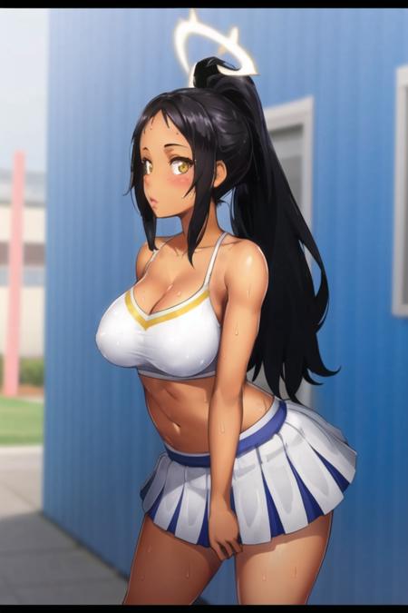 <lora:taffy_tales:.6>, taffy tales, masterpiece, best quality, breasts, breasts, pom pom \(cheerleading\), halo, cheerleader, dark-skinned female, dark skin, large breasts, black hair, yellow eyes, cleavage, skirt, long hair, looking at viewer, navel, blush, cosplay, stomach, bangs, bare shoulders, ponytail, solo focus, sweat, sticker on face, holding pom poms, 1girl, tattoo, multiple girls, holding, midriff, wet, leaning forward, parted lips, pleated skirt, blurry, white skirt