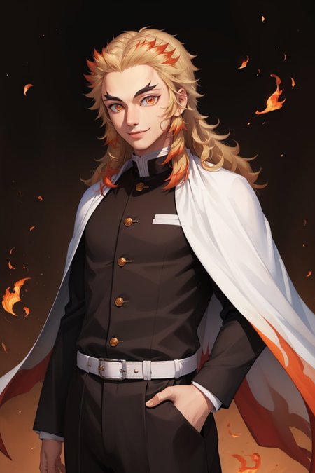 rengoku kyojuro long hair forked eyebrows demon slayer uniform black jacket long sleeves white cape black pants white belt