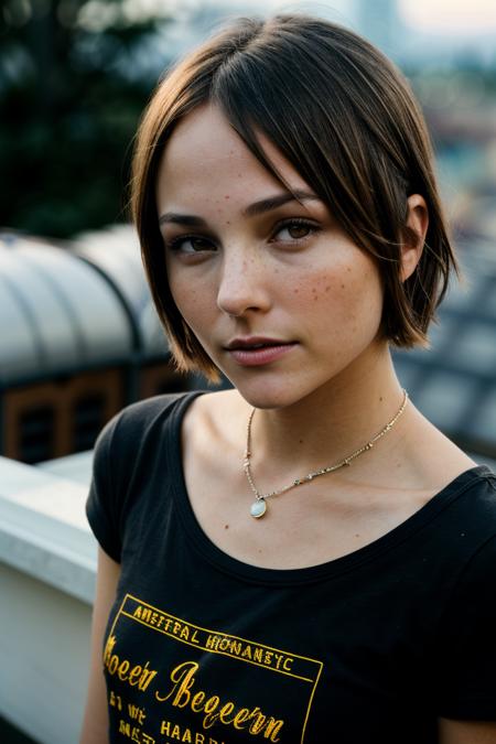 photo of seductive (br1ana3v1gan-135:0.99), a beautiful woman, perfect short hair, (modern photo), (Oatmeal graphic tee), closeup portrait, 85mm, (analog, cinematic, film grain:1.3), (A modern rooftop bee farm, promoting urban beekeeping and producing artisanal honey:1.1), detailed eyes, seductive pose, (epicPhoto), (looking at viewer:1.1), jewelry, (cinematic shot:1.3)