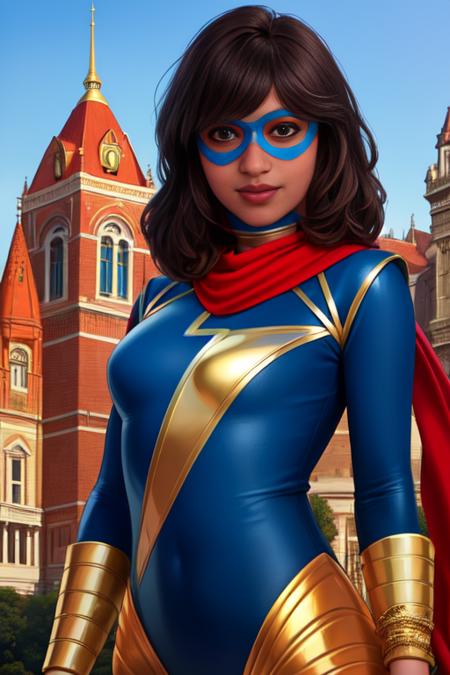 Khamala, brown eyes, dark brown hair,lips, standing, smiling,  upper body,  
KhanSuit,blue domino mask, red scarf,  red and blue bodysuit with gold trim, blue footwear, gold bangle, 
dawn, top of building, small town, 
 (insanely detailed, beautiful detailed face, masterpiece, best quality)  realistic,  <lora:Khamalakhan-10:0.7>