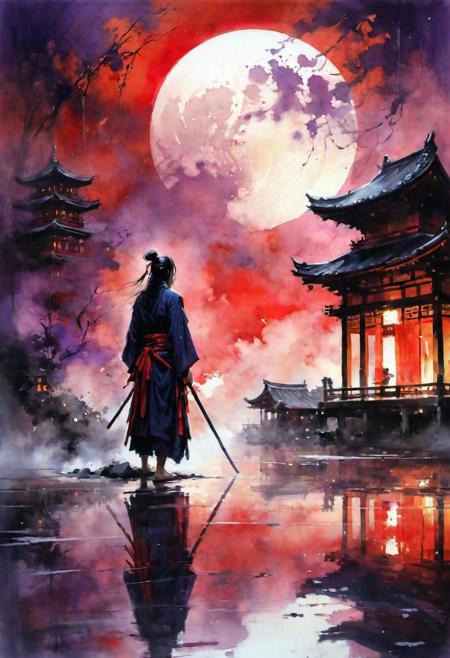 reflection,low angle, sword reflection,samurai, long hair,kimono,strapless, traditional architecture,night,(red moon:1.1),(fog:1.4),(silhouette:0.8) , (expressionless:1.3),(ghost:1.1),red fire,,fantasy, high contrast, ink strokes, explosions, over exposure, purple and red tone impression , abstract, ((watercolor painting by John Berkey and Jeremy Mann )) brush strokes, negative space,face detailed, face perfect, cleavage,