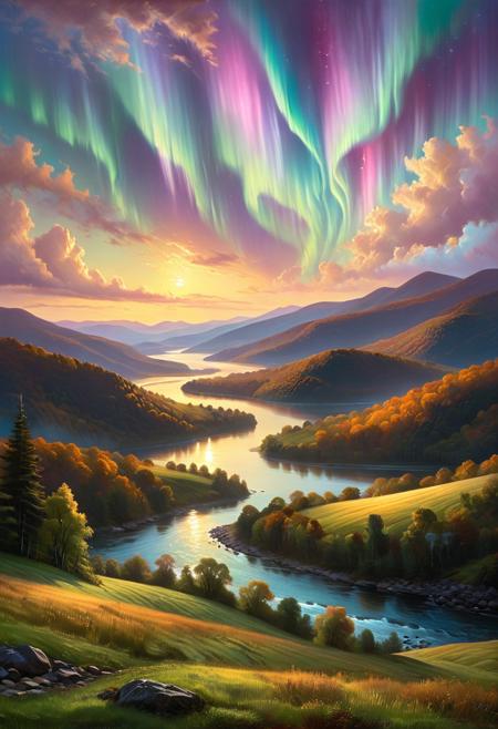 morph-aurora,
romantic landscape, detailed brushwork, serene nature, rolling hills, tranquil rivers, golden light, majestic scenery, lush forests, distant mountains, luminous realism, Hudson River School, harmonious composition, rich yet gentle palette, poetic natural beauty