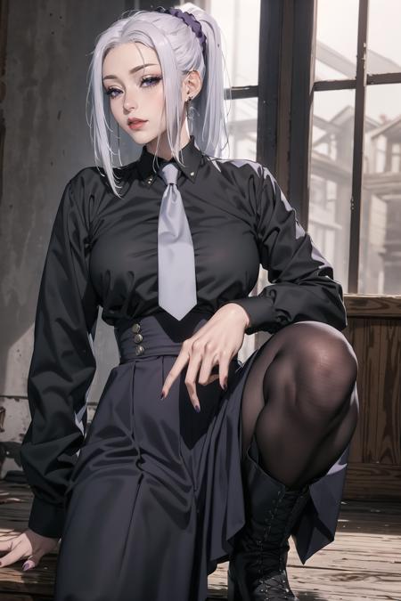  mei mei (jujutsu kaisen), 1girl, solo, grey necktie, (long skirt:1.2), dark purple skirt, high-waist skirt, black shirt, ponytail, white hair, nail polish, boots, long sleeves, hair scrunchie