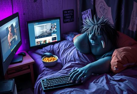 Photorealistic depiction of a manatee: the King of the manatees lays on a small unkempt bed inside a dank dirty room with purple LED lighting. He has greasy dyed black hair with white roots on his head. Beside his pillow on the bed is a bowl of mac'n'cheese. He is reaching for the mouse and keyboard in the foreground. He stares at a computer monitor which displays a video streaming website named "dornhub"