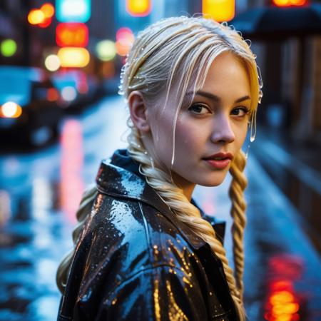 long pigtails platinum-blonde hair, bokeh, autumn, rain, slush, puddles, raindrops, water stains, city streets, sidewalks, realism, high detail, macro photography, correct line, cinematic, close-up, mj, wet, (sharp shot), night, futuristic, color full background, magical, magic, vivid colors, romantic, vibrant, light, detailed