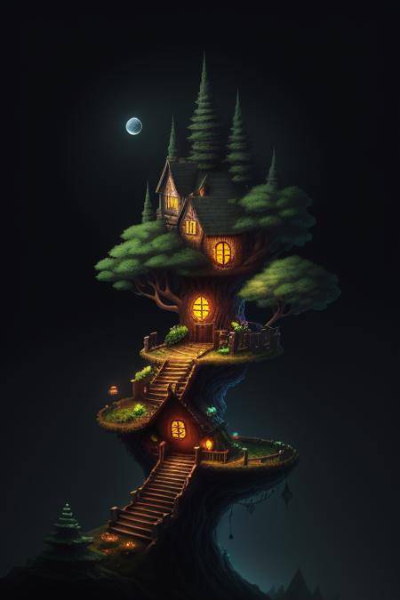 a close-up photo of the Isometric_Dreams, a tree house with a tower and a staircase inside of it, surrounded by trees and a moon in the sky