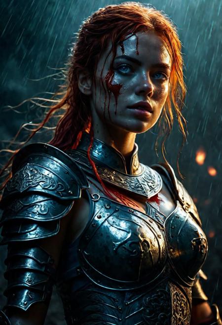 Ultra detailed digital art masterpiece beautiful Warrior girl dressed in a full body iron Armor and mini skirt, Standing on a bloody battlefield at the head of an army of knights, where a bloody slaughter is taking place, standing in battle pose, a dark epic fantasy, perfect lighting, beautiful Sadie Sink as bloody Warrior girl, attractive woman, elegant, beautiful woman of athletic body, epic shot of the whole Warrior girl, unreal engine 5 nanite quality, dark environment, very stormy day, LOTR style, dark washed out eyeliner, no make up, natural bloody pale face, realistic blue eyes, ultra detailed atmospheric details, beautiful glowing effects, sparkle effects, realistic body proportions, beautiful face proportions, complex masterpiece, wavy red hair, creative glowing detailed tattoos, complex physics, enhanced colors, complimentary colors, ultra detailed raytracing reflections, Ultra detailed complex background, environment feels alive, direct eye contact, dramatic lighting, wet and sweaty skin, beautiful firm Breasts, Daylight, Concept art by Greg Rutkowski, adding to the intense and dynamic atmosphere of the scene.