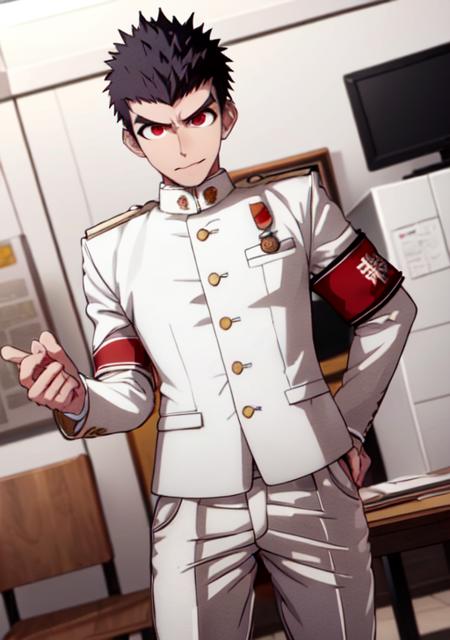 masterpiece, best quality, <lora:IshimaruB2-16:0.7>, 1boy, thick eyebrows, red eyes, very short hair, white jacket, white_pants, long sleeves, armband, (ishimaru kiyotaka:0.9),