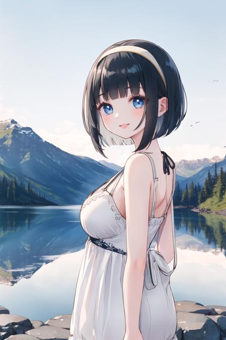 mountain, lake, 1girl, bob cut, hairband, blunt bangs, blue eyes, black hair, smile, large breasts, lips, looking at viewer, <lora:mountain-10:0.6>