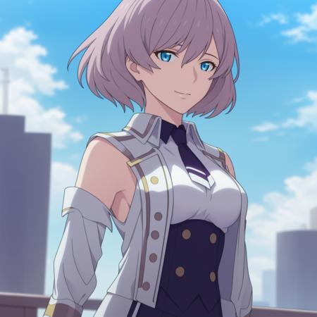 ((masterpiece)),((highres)),((best quality)),((highly detailed)),((extremely detailed CG unity 8k wallpaper)),illustration,mujina,medium breasts,facing viewer,blue sky,white cloud,light smile,solo,path,off shoulder,sleeveless,