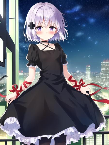 ((masterpiece)),(((best quality))), ((ultra-detailed)), ((illustration)), masterpiece, best quality, highres, {beautiful detailed eyes}, finely detail, 4k wallpaper, beautiful detailed eyes, perfect lighting
(kagari_chan:1.1), (white hair, short hair:1.0), (ribbon, black dress, hair ornament:1.2), (very long red ribbon floating in the air:1.1), flat chest, purple eyes, looking at viewer, black pantyhose, black dress, (standing in a city, cityscape:1.1),(shy, blush:1.1), (ribbon, wrist ribbon:1.0), (night, starry sky:1)
<lora:kagari_chan-16:0.6>