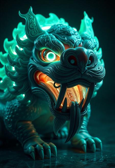 masterpiece, best quality, amazing quality, very aesthetic, high resolution, ultra-detailed, absurdres, newest,  photorealistic details, volumetric lighting, foo dog with a spherical head and no body, large gapping maw, subsurface, glowing with inner light, many small teeth, large canines, drooling, complex engravings