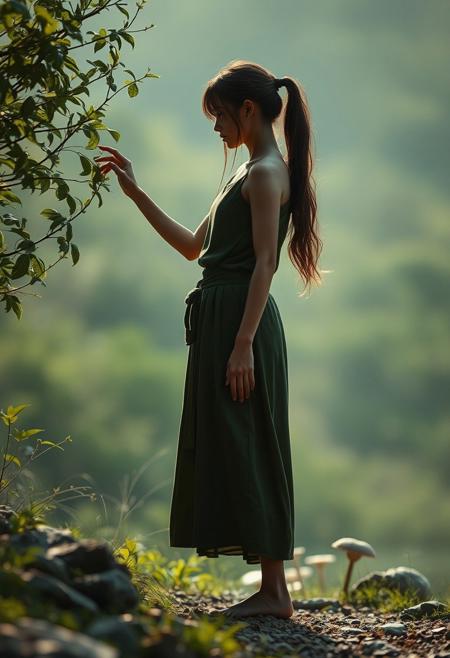 lone roguish female figure, standing, reaching out to touch a plant, stone, or water, connecting with nature, soft light, serene atmosphere, grounded, candid, subtle expression, lost in thought, engaging with surroundings, quiet action, (captured naturally:1.2), unplanned moment, peaceful, connection to nature, cinematic, (detailed background:1.3), natural light, dramatic lighting, depth of field, (photorealism:1.4), 8k UHD, (blurry:-1.3), (lowres:-1.5), (ugly:-1.2), (mutated:-1.4), (worst quality:-1.4), (bad anatomy:-1.3), (cartoon:-1.1), (sketch:-1.1), (distorted proportions:-1.3), (extra limbs:-1.5), (cgi:-1.4)