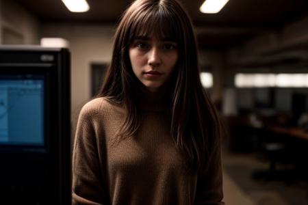 A pretty north European young woman, solo, happy, supermodel, light brown hair, long wavy hair, pale skin, slim eyebrows, perfect face, small nose, blue big eyes, small rose lips, big tits, nice breasts, cleavage, blue dress, holding a large screen smartphone in hand, looking at smartphone screen. Hacker workplace background, some computers, some server racks, strange technology devices, epiCPhoto, <lora:pytorch_lora_weights:0.5>, <lora:picxer_real:0.7>, <lora:FilmVelvia3:0.3>, <lora:more_details:0.6>