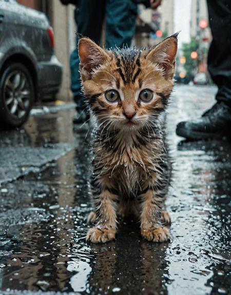 (a small kitten  on a wet street), awwwww, cedric payravernay, gigantic, urban patrol, awwwww, defiant, by Gregory Gillespie, still from the matrix, focus on his foot, jealousy, securityguard, author unknown, homeless