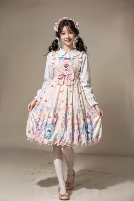 best quality, masterpiece, realistic, photorealistic, 1girl, solo, looking at viewer, smile, full body, standing, low twintails, hair bow, hair hair ornament, hair ribbon, bangs, cyb dress, white shirt, pinafore dress, print dress, white pantyhose, shoes, simple background, <lora:sweet_attire_style3_v1:0.7>