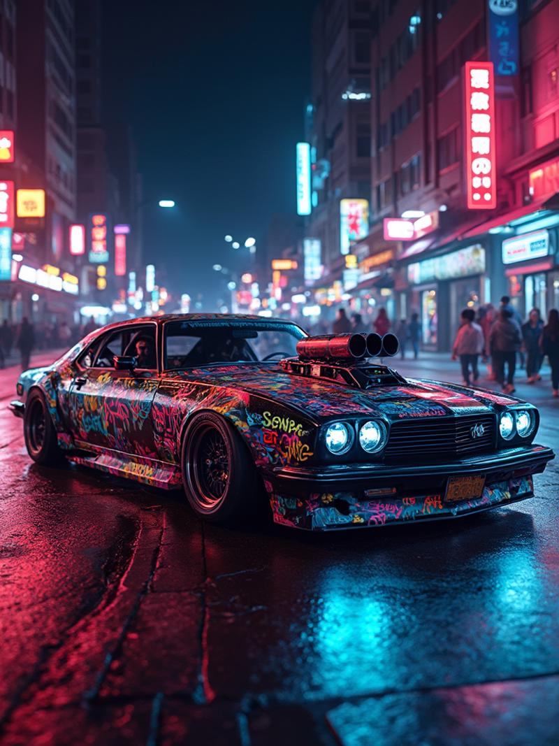 A heavily modified, low-rider, street-art-covered, urban car, with bright, clashing colors and bold, graffiti-style patterns, cruising down a vibrant, bustling city street at night, with neon lights and street art reflecting off the car's glossy, black paint job. Incorporate a sense of energy and playfulness with dynamic, kinetic lines and a lively atmosphere.