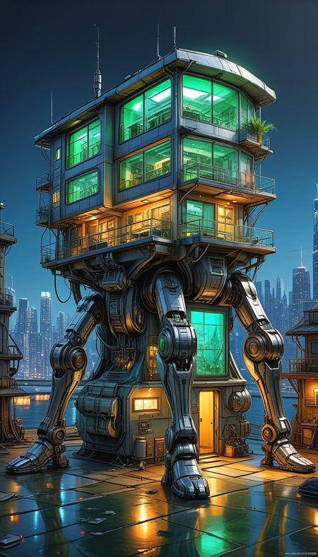 (cel-shading:2)+, (in ARTIST style:1.6), (masterpiece:1.7), hyperrealism, glossy, shinny,
clear image, accurate picture, clear picture, precise image, focused image, Science fiction style, Science fiction,
(cozy comfy glowing living space house) on mechanical legs, science fiction, aquarium on mechanical legs focus, green neon glowing cyberpunk city street background, mecha,
comic style, (ultra sharp focus:2), (thin lines:2),
(best quality:1.8),
<lora:Apparatus_-_Traction_City_Walkers_Vehicles:0.8>,