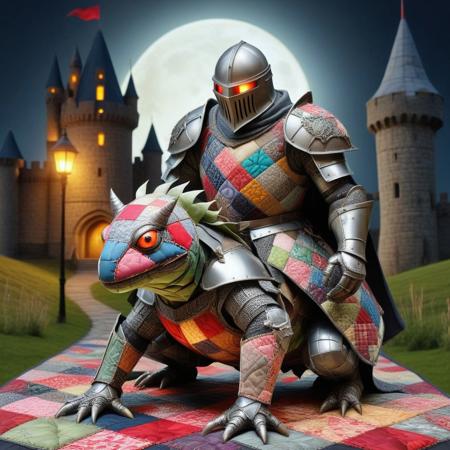 ptchkrawk, score_10 , score_9_up, score_8_up, score_7_up , score_6_up, a realistic armored knight made of patchwork fabric is riding a realistic frog, frog made of patchwork fabric, glowing eyes, armor made of patchwork fabric, night background, moon, eerie atmosphere, gothic, grim dark, fantasy art, medieval, detailed colorful fabric armor made of patchwork fabric, eerie glow, full armor made of patchwork fabric, red glowing eyes, cape made of patchwork fabric, rocky ground, fantasy creature, patchwork fabric theme, fantasy setting, high contrast, detailed patchwork fabric textures, ominous, realistic lighting, haunting, eerie glow, medieval fantasy, gothic style, detailed rendering, fantasy character, patchwork fabric ambiance, eerie environment, fantasy creature, patchwork fabric armored knight, glowing eyes, riding a frog, knight over frog, realistic castle, castle made of patchwork fabric, castle background, smiling