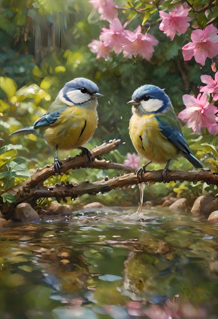 2eurasian blue tit,masterpiece,(intricately-detailed:1.1),ray tracing,subsurface scattering,(flowering garden setting:1.1),(water feature:1.1),(bathing:1.2),landing,splashing,shallow pond,summer,sunbeams,reflection,vibrant,award winning photography,sharp focus,fluffy birds,<lora:JuggerCineXL2:1>,<lora:add_detail:1>,<lora:more_details:1>,<lora:difConsistency_photo:1>,<lora:LaxpeintXL-2.0:1>,