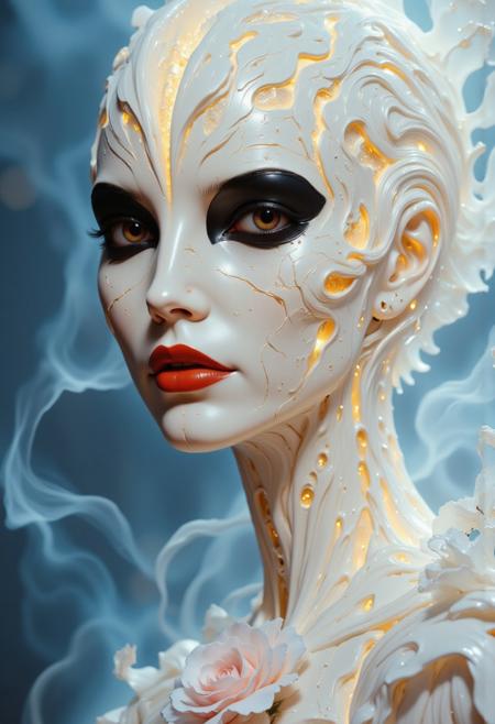 Close-up portrait of a statue of a woman. Her head and body are made of ivory and smooth with numerous, glowing, fine, hairline cracks covering the head and down her neck creating an organic mosaic pattern. She is biomechanical. Her eyes are an intense hazel color with black eyeshadow, and her lips are a rich, deep red color. A spot light focuses on her eyes, creating strong highlights and shadows. The light background is softly blurred showing a sea of white rose petals, but is blurred and out of focus so all visual attention is on the woman's eyes, nose and mouth. Her hair is stark white and falls around the lower half of the image. She is blending in with the background. She is looking at the viewer intensely. Blue and white smoke surround her body. She is like a bust. The overall impression is one of dramatic beauty, with an almost otherworldly quality.  (((ultra-realistic style))), realistic soft lighting, eye-catching, atmospheric lighting, smokey environment, natural, shallow depth of field, (highlights: 0.8), high detail (dynamic, sincere, cinematic shot, film grain, bokeh, depth of field)
