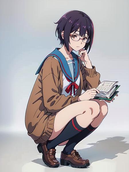 masterpiece, best quality, ultra-detailed, illustration,
kita high school uniform, 1girl, school uniform, solo, nagato yuki, serafuku, skirt, winter uniform, sailor collar, blue sailor collar, short hair, blue skirt, cardigan, purple hair, glasses, open clothes, open cardigan, socks, shoes, red ribbon, kneehighs, brown eyes, ribbon, holding book, full body, brown cardigan, long sleeves, simple background, white background,
<lora:kitakouseifuku:0.8>